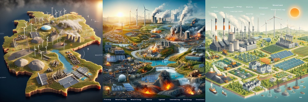 Zeigt drei Bilder alle mit unterschiedlichen Energieerzeugungen